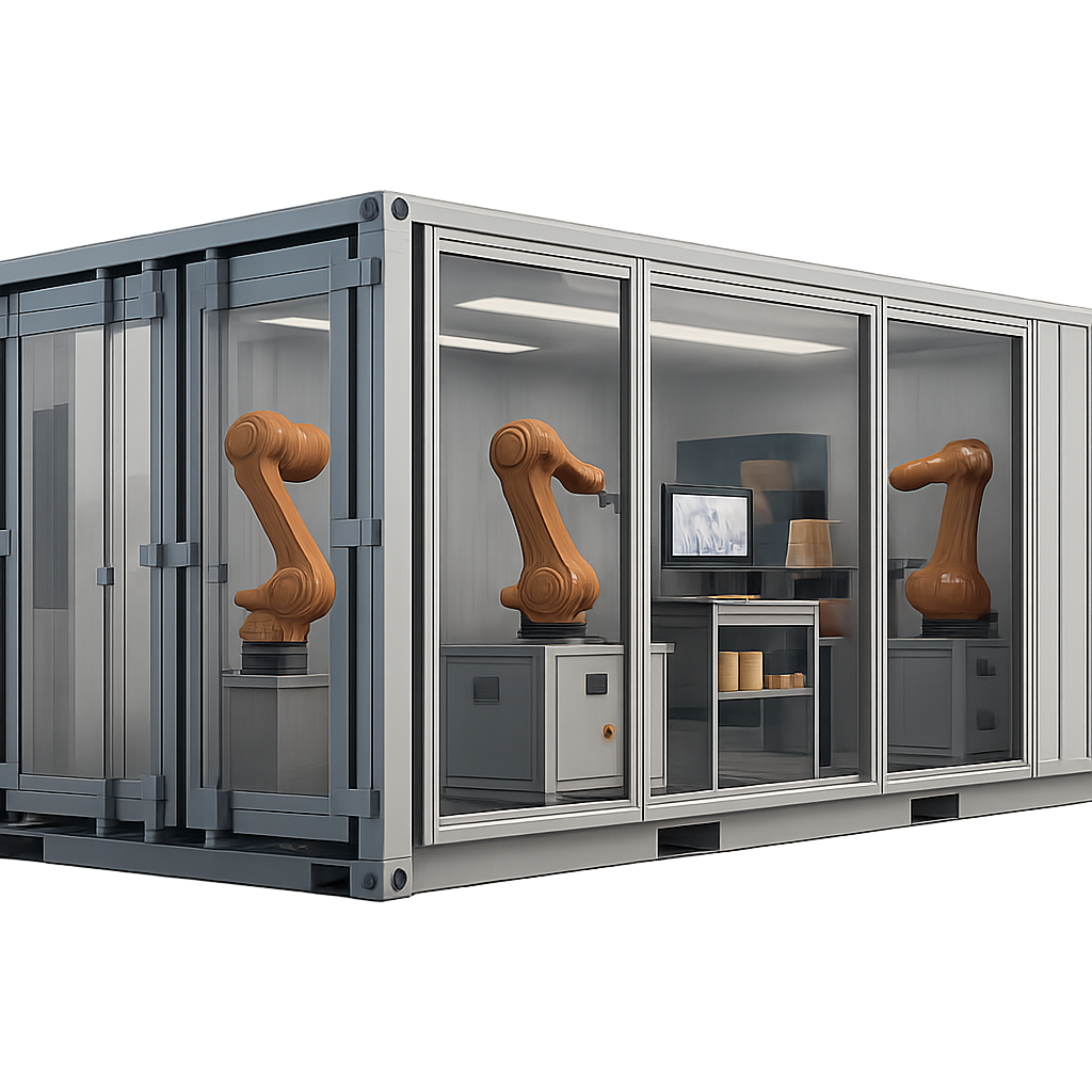 Modular container factory with robotic arms